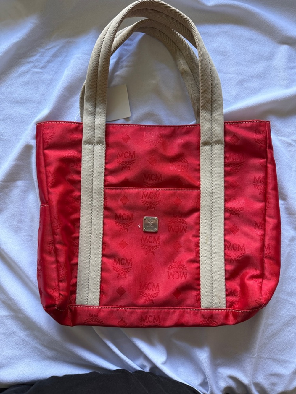MCM Red Tote with Cream Canvas Handles